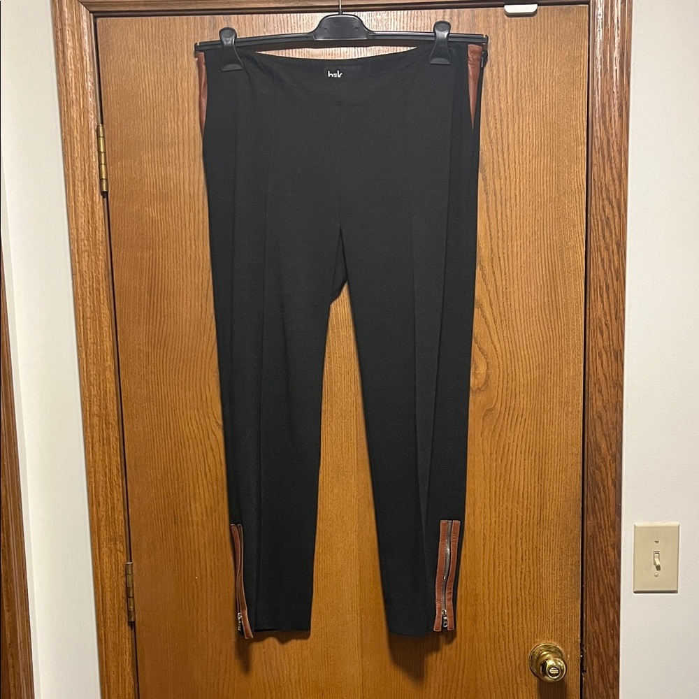 Charcoal Gray Ankle Pants with Tan Leather Zipper Accents